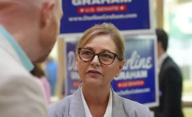 Sen. Darline Graham, R-S.C., speaks with voters following a Senate candidate stump event ahead of a special GOP primary to select a replacement for her late brother, Sen. Lindsey Graham, Saturday, Aug. 1, 2026, in Lexington, S.C. (AP Photo/Meg Kinnard)
