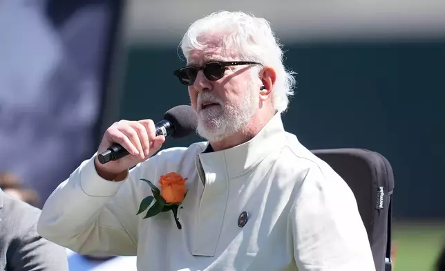 FILE - Broadcaster Mike Krukow speaks during a remembrance ceremony for former San Francisco Giants player Orlando Cepeda before a baseball game between the Giants and the San Diego Padres in San Francisco, Sept. 15, 2024. (AP Photo/Jeff Chiu, File)