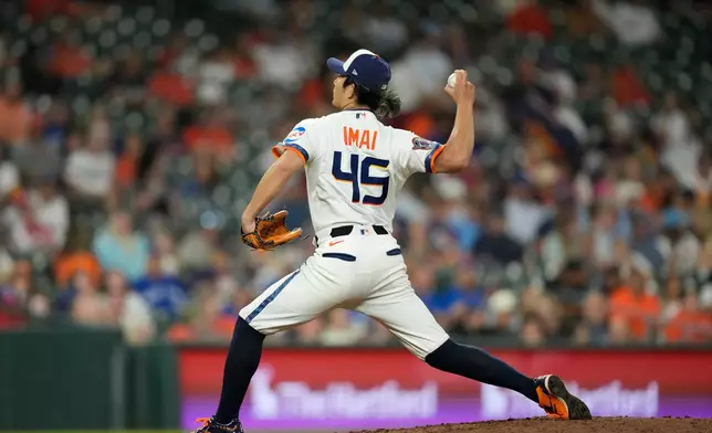Houston Astros pitcher Tatsuya Imai throws against the Toronto Blue Jays during the seventh inning of a baseball game Monday, Aug. 3, 2026, in Houston. (AP Photo/David J. Phillip)