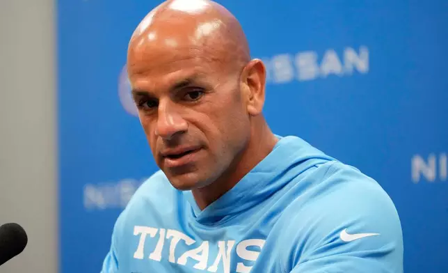 Tennessee Titans head coach Robert Saleh speaks during a news conference after a preseason NFL football game against the Seattle Seahawks, Sunday, Aug. 23, 2026, in Nashville, Tenn. (AP Photo/George Walker IV)