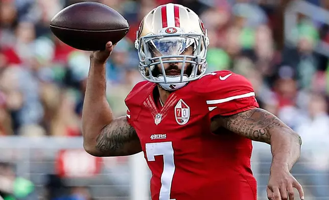 FILE - San Francisco 49ers quarterback Colin Kaepernick (7) throws a pass during the first half of an NFL football game against Seattle Seahawks in Santa Clara, Calif., Sunday, Jan. 1, 2017. (AP Photo/Tony Avelar, File9