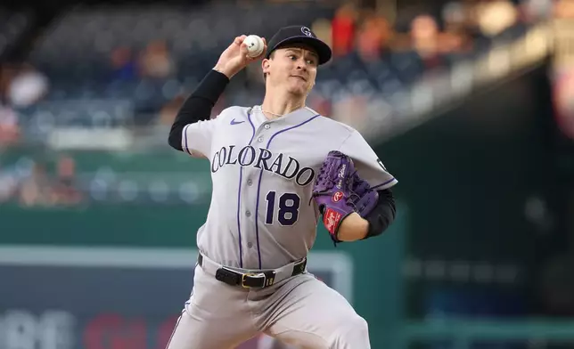 Colorado Rockies pitcher Ryan Feltner throws during the first inning of a baseball game against the Washington Nationals in Washington, Monday, Aug. 24, 2026. (AP Photo/Terrance Williams)