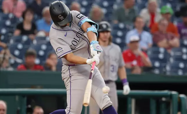 Colorado Rockies' Ezequiel Tovar hits a double off Washington Nationals pitcher Cade Cavalli during the third inning of a baseball game in Washington, Monday, Aug. 24, 2026. (AP Photo/Terrance Williams)