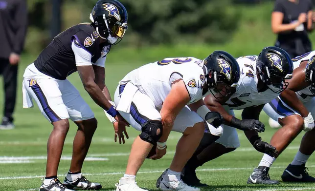 Baltimore Ravens quarterback Lamar Jackson (8) takes a snap during a joint NFL football practice with the Minnesota Vikings, Wednesday, Aug 19, 2026, in Eagan, Minn. (Alex Kormann/Minnesota Star Tribune via AP)