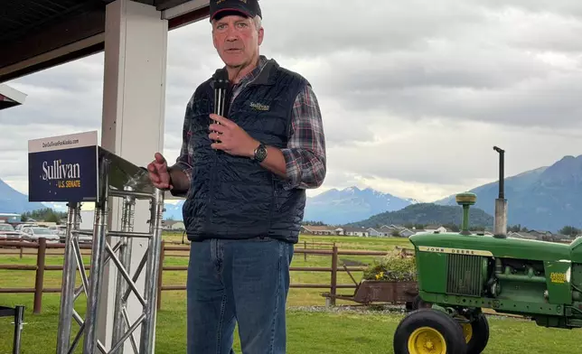 FILE - U.S. Sen. Dan Sullivan, R-Alaska, speaks in Palmer, Alaska, Aug. 17, 2026. (AP Photo/Mark Thiessen, File)