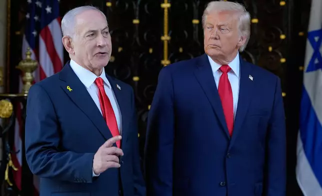 FILE - President Donald Trump listens as Israel's Prime Minister Benjamin Netanyahu speaks at President Donald Trump's Mar-a-Lago club, Dec. 29, 2025, in Palm Beach, Fla. (AP Photo/Alex Brandon, File)