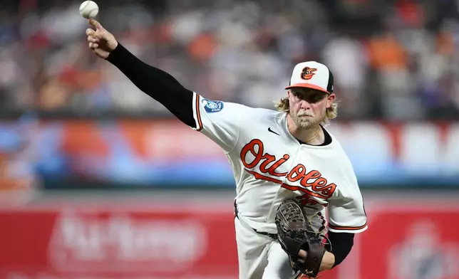 Baltimore Orioles pitcher Shane Baz throws during the third inning of a baseball game against the Philadelphia Phillies, Saturday, Aug. 1, 2026, in Baltimore. (AP Photo/Nick Wass)