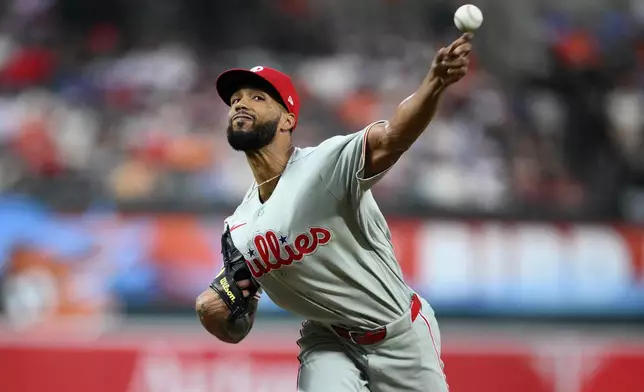 Philadelphia Phillies pitcher Cristopher Sanchez throws during the third inning of a baseball game against the Baltimore Orioles, Saturday, Aug. 1, 2026, in Baltimore. (AP Photo/Nick Wass)