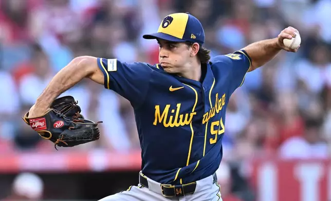 Milwaukee Brewers pitcher Robert Gasser delivers during the first inning of a baseball game against the Los Angeles Angels, Saturday, Aug. 1, 2026, in Anaheim, Calif. (AP Photo/William Liang)