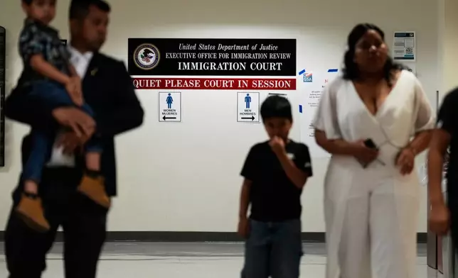 People arrive for immigration court hearings in New York, Monday, July 27, 2026. (AP Photo/Seth Wenig)