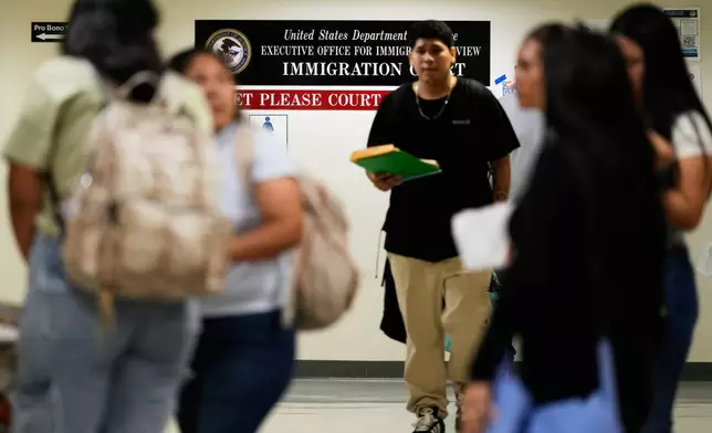 People arrive for immigration court hearings in New York, Monday, July 27, 2026. (AP Photo/Seth Wenig)