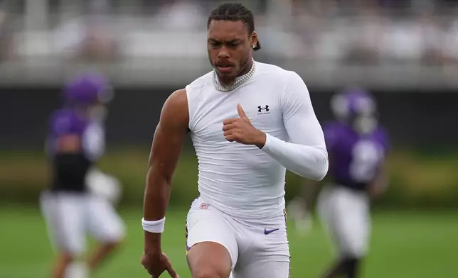 Minnesota Vikings wide receiver Justin Jefferson trains during a joint NFL football practice with the Baltimore Ravens, Thursday, Aug. 20, 2026, in Eagan, Minn. (AP Photo/Abbie Parr)