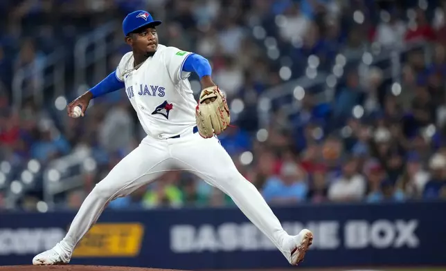 Toronto Blue Jays pitcher José Soriano works against the Boston Red Sox during first inning of a baseball game in Toronto on Wednesday, August 12, 2026. (Nathan Denette/The Canadian Press via AP)