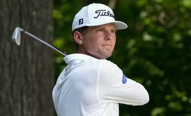 Michael Brennan watches his tee shot on the second hole during the final round of the Wyndham Championship golf tournament in Greensboro, N.C., Sunday, Aug. 9, 2026. (AP Photo/Chuck Burton)