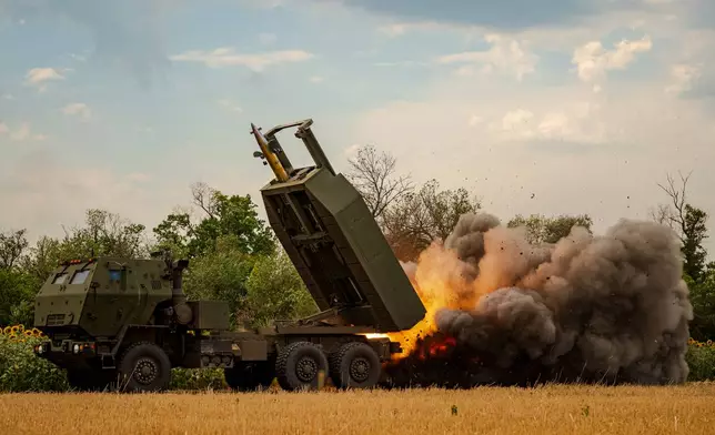 A Ukrainian HIMARS crew, attached to the 148th brigade, fires rockets at Russian positions, on the front line in eastern Ukraine, Saturday, Aug. 8, 2026. (AP Photo/Dan Bashakov)