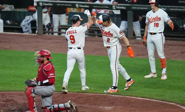 Baltimore Orioles' Tyler O'Neill (9) celebrates with Gunnar Henderson (2) after hitting a two-run home run during the fourth inning of a baseball game against the Los Angeles Angels, Wednesday, Aug. 5, 2026, in Baltimore. (AP Photo/Stephanie Scarbrough)