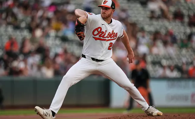 Baltimore Orioles starting pitcher Trevor Rogers delivers during the second inning of a baseball game against the Los Angeles Angels, Wednesday, Aug. 5, 2026, in Baltimore. (AP Photo/Stephanie Scarbrough)