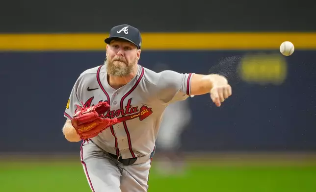 Atlanta Braves pitcher Chris Sale throws during the third inning of a baseball game against the Milwaukee Brewers, Friday, Aug. 21, 2026, in Milwaukee. (AP Photo/Kayla Wolf)