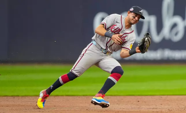 Atlanta Braves shortstop Mauricio Dubón forces out Milwaukee Brewers' William Contreras at second base as Brewers' Jackson Chourio scores and Andrew Vaughn makes it safely to first base during the third inning of a baseball game Friday, Aug. 21, 2026, in Milwaukee. (AP Photo/Kayla Wolf)