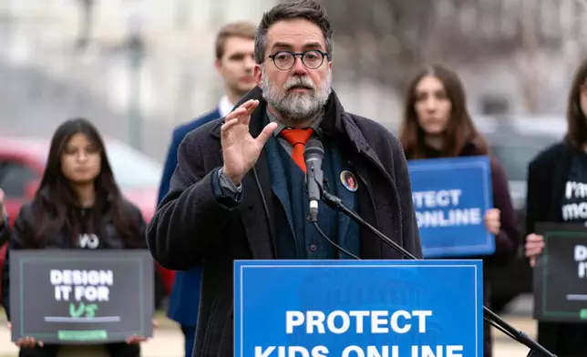 FILE - Former Facebook employee Arturo Bejar speaks during a rally to protect kids online on Capitol Hill in Washington, Jan. 31, 2024. (AP Photo/Jose Luis Magana, File)