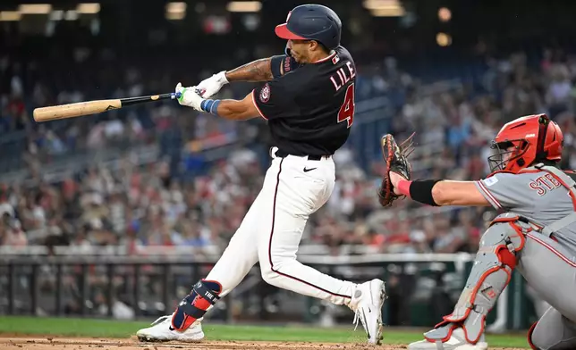 Washington Nationals' Daylen Lile hits a three-run home run during the first inning of a baseball game against the Cincinnati Reds, Friday, Aug. 7, 2026, in Washington. (AP Photo/John McDonnell)