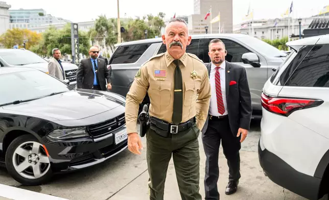 Riverside County Sheriff Chad Bianco arrives at the Supreme Court of California for a hearing about his seizure and recount of more than half a million 2025 election ballots on Monday, Aug. 24, 2026, in San Francisco. (AP Photo/Noah Berger)