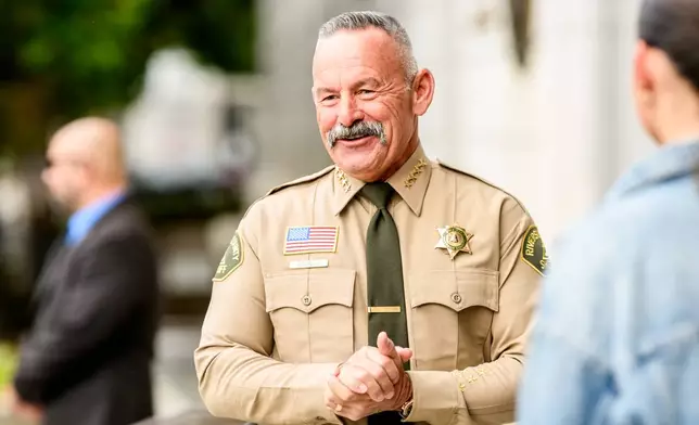 Riverside County Sheriff Chad Bianco arrives at the Supreme Court of California for a hearing about his seizure and recount of more than half a million 2025 election ballots on Monday, Aug. 24, 2026, in San Francisco. (AP Photo/Noah Berger)