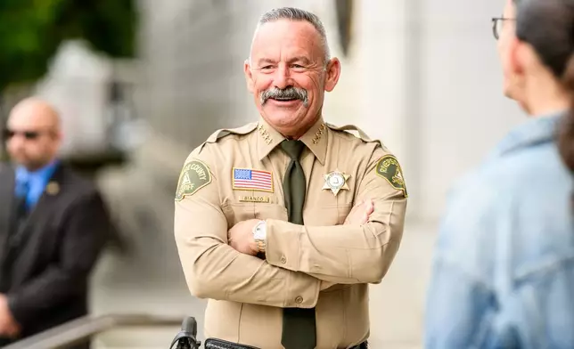 Riverside County Sheriff Chad Bianco arrives at the Supreme Court of California for a hearing about his seizure and recount of more than half a million 2025 election ballots on Monday, Aug. 24, 2026, in San Francisco. (AP Photo/Noah Berger)