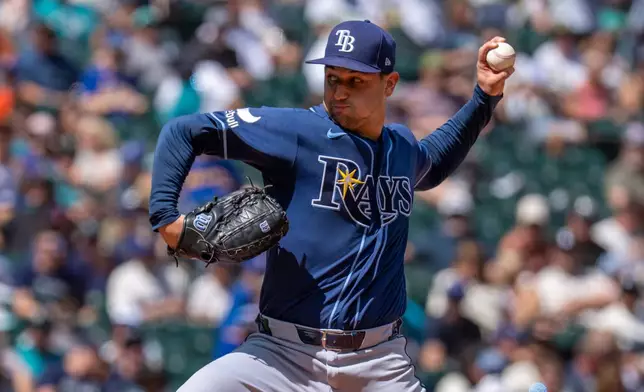 Tampa Bay Rays starting pitcher Ian Seymour delivers during the third inning of a baseball game against the Seattle Mariners, Sunday, Aug. 9, 2026, in Seattle. (AP Photo/Stephen Brashear)