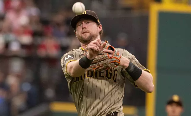 San Diego Padres' Jake Cronenworth throws out Cleveland Guardians' Patrick Bailey at first base during the third inning of a baseball game, Friday, Aug. 14, 2026, in Cleveland. (AP Photo/Phil Long)