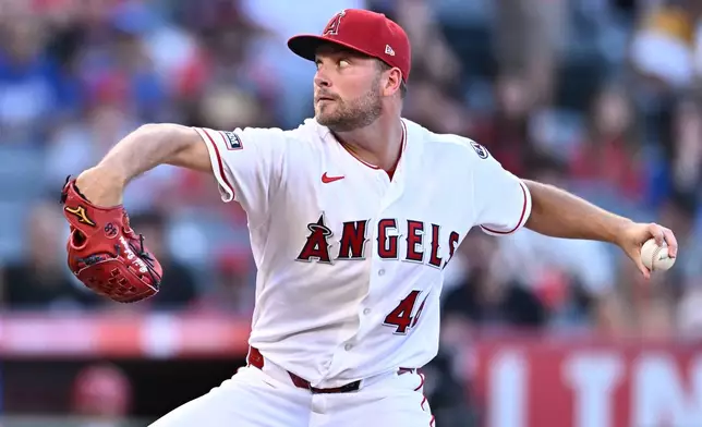 Los Angeles Angels pitcher Reid Detmers delivers during the first inning of a baseball game against the Kansas City Royals, Saturday, Aug. 15, 2026, in Anaheim, Calif. (AP Photo/William Liang)