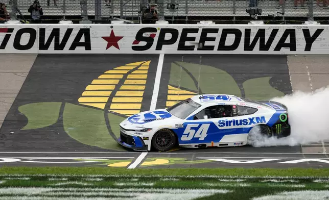 Ty Gibbs does a burnout after winning a NASCAR Cup Series auto race, Sunday, Aug. 9, 2026, at Iowa Speedway in Newton, Iowa. (AP Photo/Charlie Neibergall)