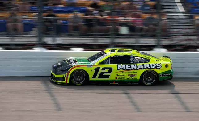 Ryan Blaney drives during a NASCAR Cup Series auto race, Sunday, Aug. 9, 2026, at Iowa Speedway in Newton, Iowa. (AP Photo/Charlie Neibergall)