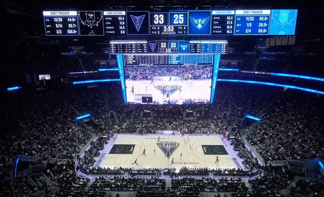 Fans watch from a general view at Chase Center during the first half of a WNBA basketball game between the Golden State Valkyries and the Dallas Wings in San Francisco, Monday, Aug. 17, 2026. (AP Photo/Jeff Chiu)