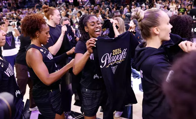 Golden State Valkyries guard Tiffany Hayes (15) celebrates following a WNBA basketball game against the Dallas Wings in San Francisco, Monday, Aug. 17, 2026. (Santiago Mejia/San Francisco Chronicle via AP)
