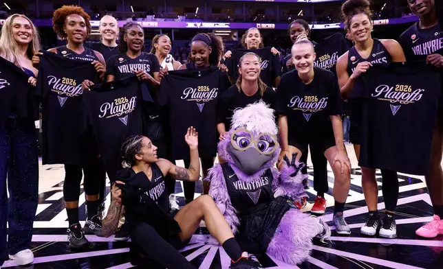 The Golden State Valkyries celebrate following a WNBA basketball game against the Dallas Wings in San Francisco, Monday, Aug. 17, 2026. (Santiago Mejia/San Francisco Chronicle via AP)