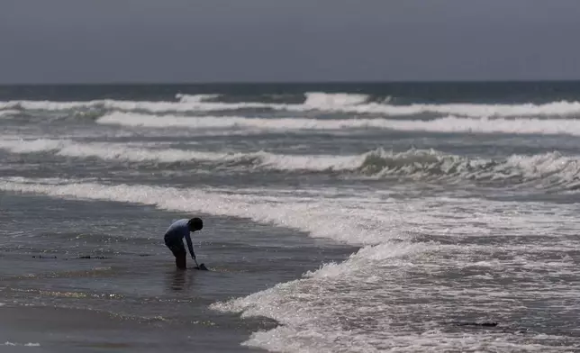 A youth plays with a small shovel at Bolsa Chica State Beach in Huntington Beach, Calif., Friday, July 24, 2026. (AP Photo/Jae C. Hong)