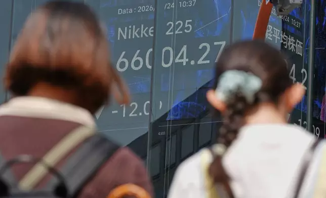 People stand in front of an electronic stock board showing Japan's Nikkei index at a securities firm Monday, Aug. 24, 2026, in Tokyo. (AP Photo/Eugene Hoshiko)