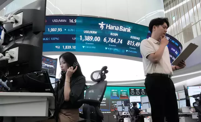 Currency traders work at the foreign exchange dealing room of the Hana Bank headquarters in Seoul, South Korea, Friday, Aug. 21, 2026. (AP Photo/Ahn Young-joon)
