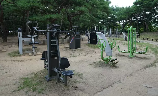 The outdoor fitness equipments are empty due to the heat in Goyang, South Korea, Wednesday, Aug. 5, 2026. (AP Photo/Lee Jin-man)