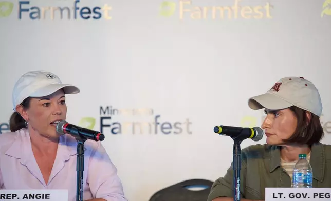 U.S. Rep. Angie Craig, D-Minn., left, and Minnesota Lt. Gov. Peggy Flanagan participate in a forum for U.S. Senate candidates at Farmfest Wednesday, Aug. 5, 2026, in Morgan, Minn. (AP Photo/Ellen Schmidt)