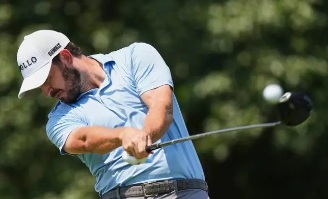 Patrick Cantlay hits from the fifth tee during the third round of the BMW Championship golf tournament Saturday, Aug. 22, 2026, in St. Louis. (AP Photo/Jeff Roberson)