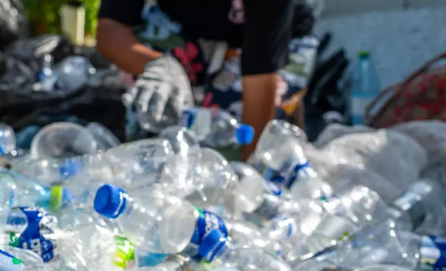 Yania Hussain Ishan, co-founder of youth group Barnacles, sorts through the first batch of plastic waste collected in the joint plastic pollution clean in Male, Maldives, June 19, 2026. (AP Photo/Sophia Nasif)