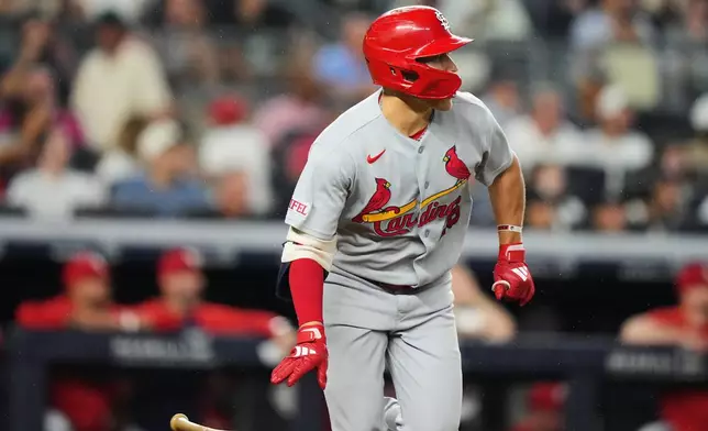 St. Louis Cardinals' JJ Wetherholt (26) watches the ball he hit for a two-run double during the fifth inning of a baseball game against the New York Yankees Wednesday, Aug. 5, 2026, in New York. (AP Photo/Frank Franklin II)