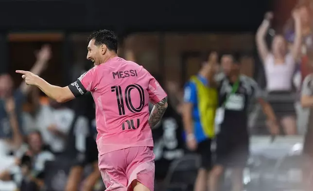 Inter Miami forward Lionel Messi (10) celebrates after scoring his side's third goal during the first half of a Leagues Cup soccer match against Atletico de San Luis, Wednesday, Aug. 5, 2026, in Miami. (AP Photo/Rebecca Blackwell)
