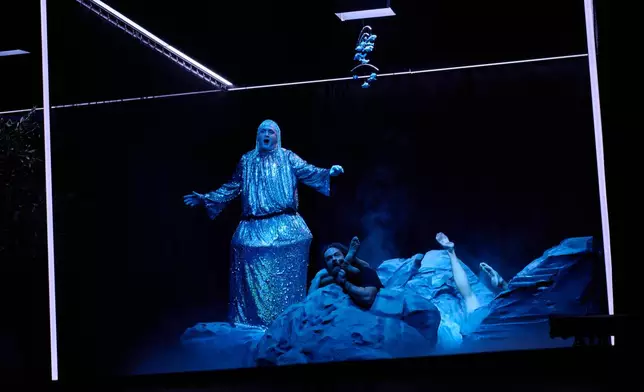 Actors perform their final rehearsal of "Odyssey. Maeotis," which reimagines Homer’s epic, at Ivan Franko theater in Kyiv, Tuesday, Aug. 25, 2026. (AP Photo/Francisco Seco)