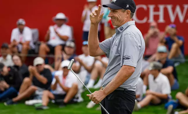 New Zealand's Stephen Alker reacts after winning the PGA Tour Champions golf event in Calgary, Alberta, Sunday, Aug. 23, 2026. (Jeff McIntosh/The Canadian Press via AP)