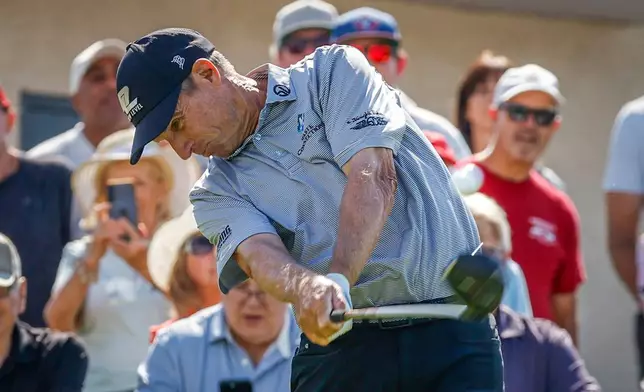 New Zealand's Stephen Alker tees off during the PGA Tour Champions golf event in Calgary, Alberta, Sunday, Aug. 23, 2026. (Jeff McIntosh/The Canadian Press via AP)