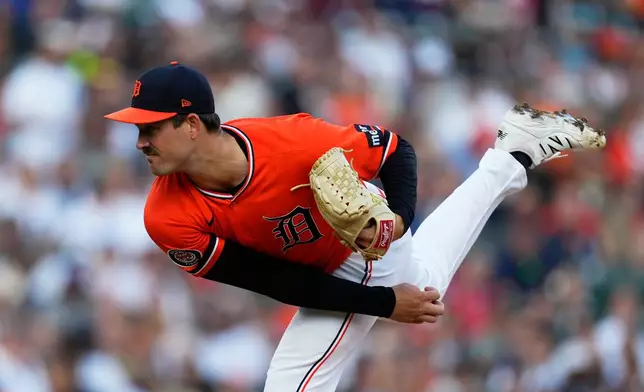 Detroit Tigers pitcher Drew Anderson throws against the Los Angeles Dodgers during the first inning of a baseball game Friday, Aug. 28, 2026, in Detroit. (AP Photo/Paul Sancya)