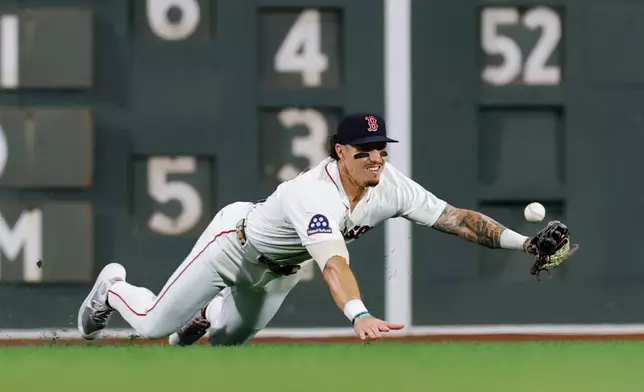 Boston Red Sox left fielder Jarren Duran can not field the ball during the sixth inning of a baseball game against the Arizona Diamondbacks Tuesday, Aug. 18, 2026, in Boston. (AP Photo/CJ Gunther)